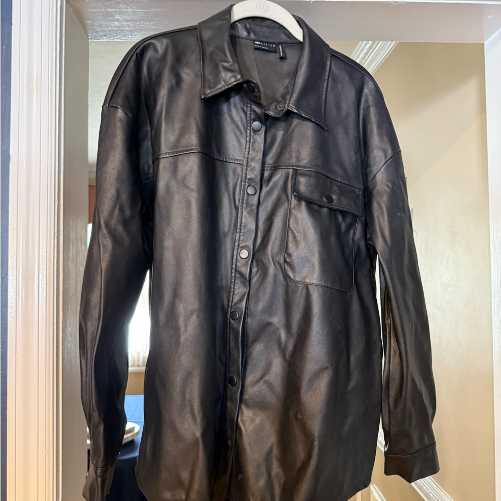 Zara Black Faux Leather Shirt Jacket with Snap Buttons